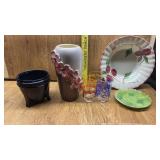 BLACK PLANTER, FLOWERED VASE, JUICE GLASSES,