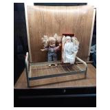 2 VINTAGE DOLLS AND METAL DOLL BED