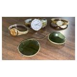 2 WOMENS WATCHES, 1 MENS, CLIP ON SUN GLASSES