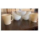 5 FIREKING BOWLS AND 2  FIREKING COFFEE CUPS
