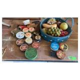 BASKET OF FAKE FRUIT AND SHOE SHINE KIT