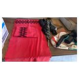 2 RED TABLE RUNNERS, UMBRELLAS, SLAW CUTTER ANS