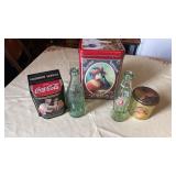3 COCA COLA TINS AND 2 BOTTLES -  ONE MADE IN