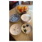 GLASS BOWL WITH FAKE FRUIT,  IRONSTONE BOWLS, AND