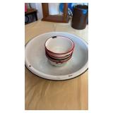 5 ENAMEL SOUP,CEREAL BOWLS AND ONE WASH BASIN