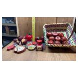WOODEN  APPLES- (ONE GLASS) BASKET AND OTHER DECO