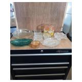 5 GLASS PYREX PIE PLATES, RELISH DISHES, MISC
