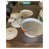 3 ENAMEL BASINS AND 5 LIDS