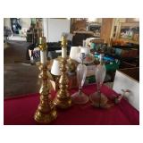 PAIR OF GLASS LAMPS 17" AND A PAIR OF BRASS LAMPS