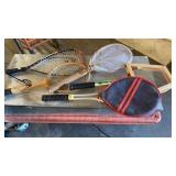 VINTAGE HAND BALL AND TENNIS RACKETS