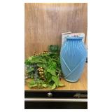 13 INCH BLUE VASE AND GREENERY WITH GRAPES AND