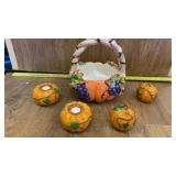 CERAMIC PUMPKIN BASKET, CANDLE HOLDERS ANS SALT/