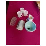 3 FIRE KING MUGS, 2 BUTTER DISHES, MISC