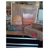 WOOD CRATE AND MISC WOOD WALL SHELVES