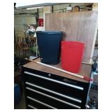 2 PLASTIC TRASH CANS AND WOOD CANE