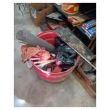 ROUND PLASTIC BIN WITH MISC ITEMS INSIDE