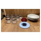 4 MID CENTURY BOWLS, 9 SILVER RIMMED TUMBLERS A