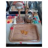 METAL TRAY, WOOD STAND AND TEA POT