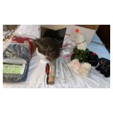 WIG ,BACKPACK, RED PILLOWS , STUFFED ANIMALS AND 3