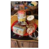 2 TRAYS, COFFEE POT PARTS, BUTTERNUT COFFEE CAN,