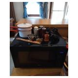 ENAMEL POTS, SALT AND PEPPER SHAKERS AND MISC