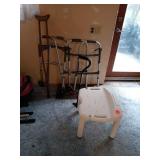 2 FRONT WHEELED WALKERS, CANE, SHOWER CHAIR AND