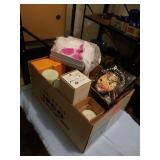 BOX OF CANDLES AND CANDLE HOLDERS