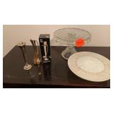 GLASS CAKE PANS AND SILVER PLATES VASES