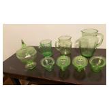 GREEN DEPRESSION PITCHERS, 2 SETS CREAMERS AND
