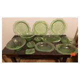 3 GREEN DEPRESSION PLATTERS, 2 BIG BOWLS, 2