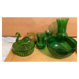 GREEN GLASSWARE INCLUDING SWAN GREEN VINTAGE