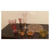 PINK  AND GOLD DEPRESSION GLASSWARE PIECES ,