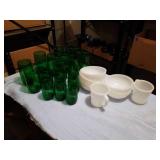 FIREKING BOWLS AND 2 CUPS, GREEN DRINKING AND