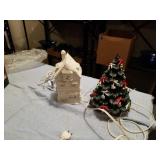 9" PORCELAIN LIGHTED VILLAGE AND CHRISTMAS TREE