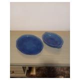 12" RARE BLUE DEPRESSION GLASS PLATTER AND 8-IN