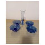 RARE BLUE DEPRESSION GLASS VASE, TWO 4-IN BOWLS
