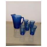 RARE 9-IN BLUE DEPRESSION GLASS JUICE PITCHER AND