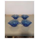 FOUR, 4" RARE BLUE DEPRESSION GLASS FRUIT BOWLS