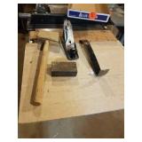 WOOD MALLET,  PLANE, PRY BAR, STEEL WEIGHT