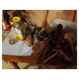 VARIOUS PIECES OF LEATHER,  OILS AND PASTE WAX