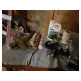 4 DOLLY WHEELS, CAULKING GUN AND MORTAR,