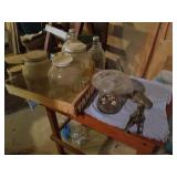 JARS, MUSHROOM TERRARIUM AND ANTIQUE OPENER