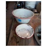 2 ENAMEL BOWLS, LARGE AND SMALL