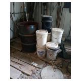METAL 55 GALLON DRUM AND PLASTIC BUCKETS