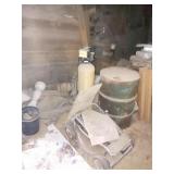 BARN SECTION OF ITEMS, METAL BARREL, LAWN MOWER,