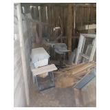 BARN SECTION OF WOOD, SEED SPREADER, GRILLS AND