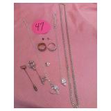 SILVER TONED NECKLACES, RINGS, PINS, MISC