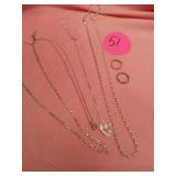 4 SILVER NECKLACES AND 1 BRACELET, 2 RINGS