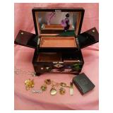 BROOCHES IN AN ORIENTAL THEMED JEWELRY BOX