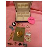 COSTUME JEWELRY PINS IN A SMALL JEWELRY BOX